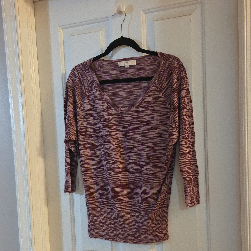 Loft Purple and Pink V-Neck Print Sweater Small